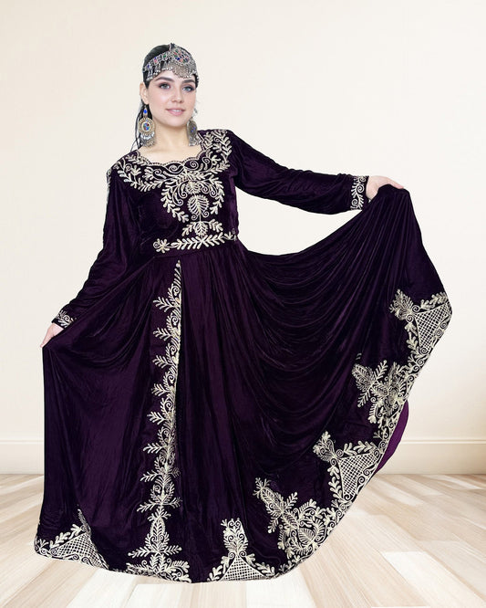 Deep Plum Velvet Formal Afghan Dress (Front & Back Detail) Sadat Boutique