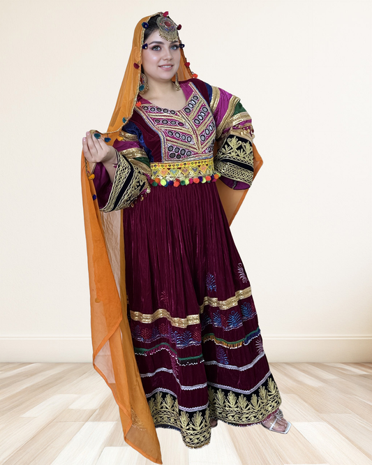 Maroon Velvet Afghan Dress – Royal Elegance with Golden & Pom-Pom Charm Sadat Boutique