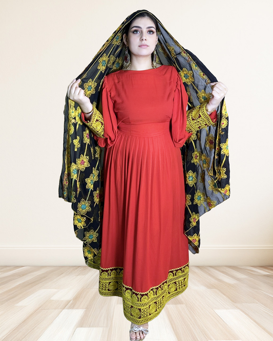 Red Afghan Dress with Golden Embroidery & Black Floral Shawl. Sadat Boutique