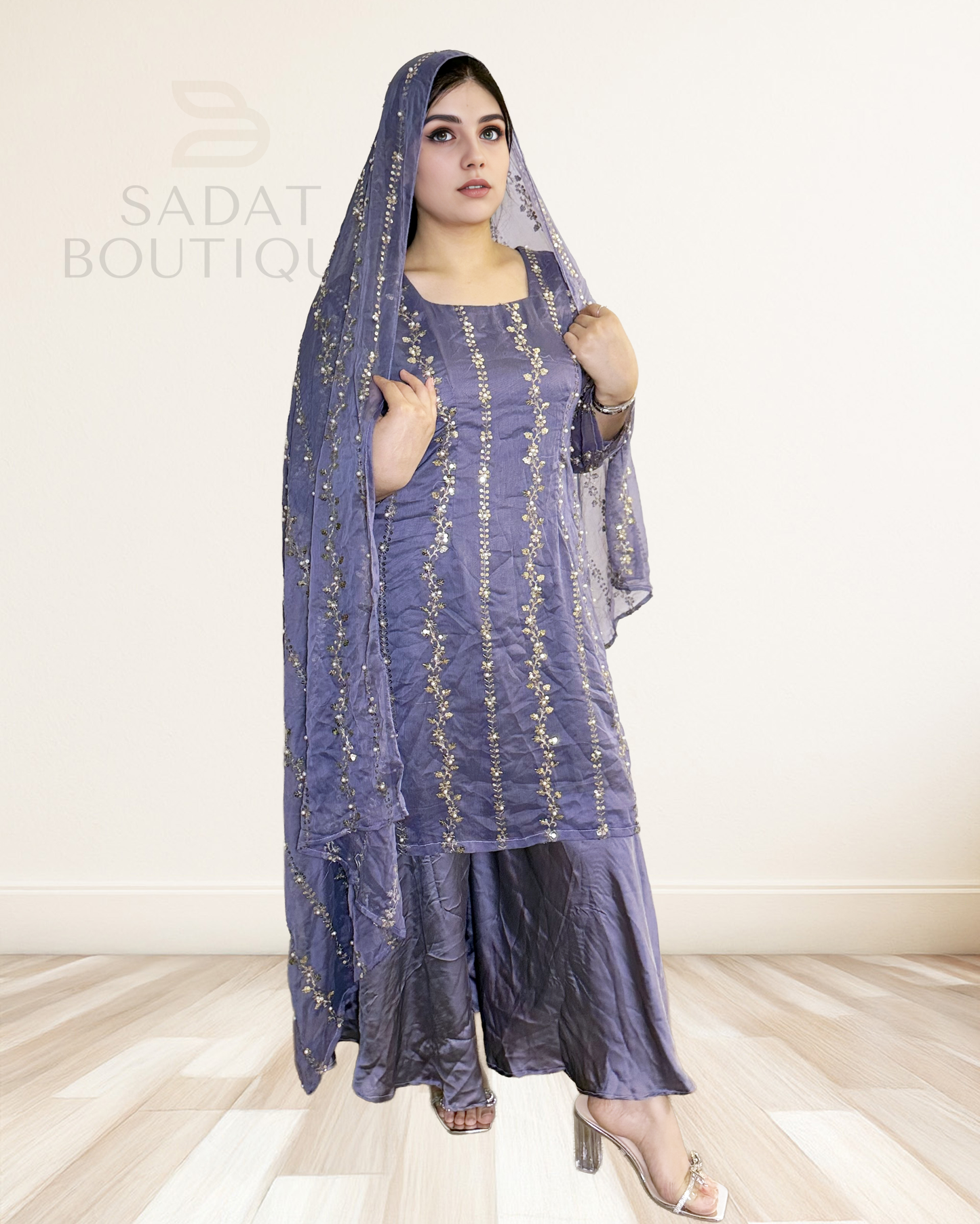 Smoky Lavender Embellished Set – Graceful Shine in a Breezy Silhouette Sadat Boutique
