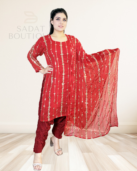 Classic Crimson Gold Salwar Kameez – Elegant Sparkle for Every Occasion Sadat Boutique