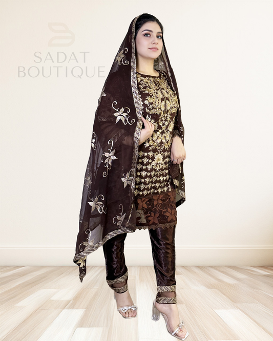 Deep Chocolate Embroidered Velvet Suit – Regal Elegance in Every Stitch Description: Sadat Boutique