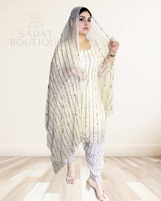 Ivory White Embellished Punjabi Suit – Crinkle-Style Comfort with Sequin Glow Sadat Boutique