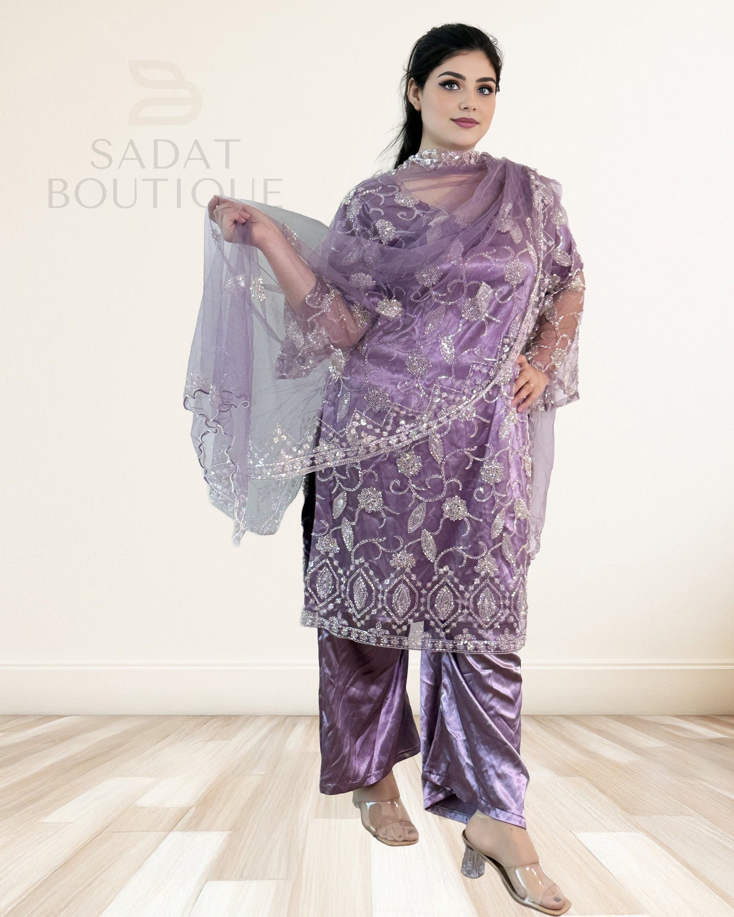 Lavender Embroidered Net Kurti Set with Tulip Shalwar – 3-Piece Sadat Boutique