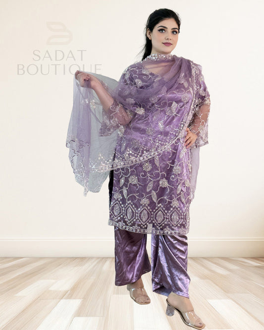 Lavender Embroidered Net Kurti Set with Tulip Shalwar – 3-Piece Sadat Boutique