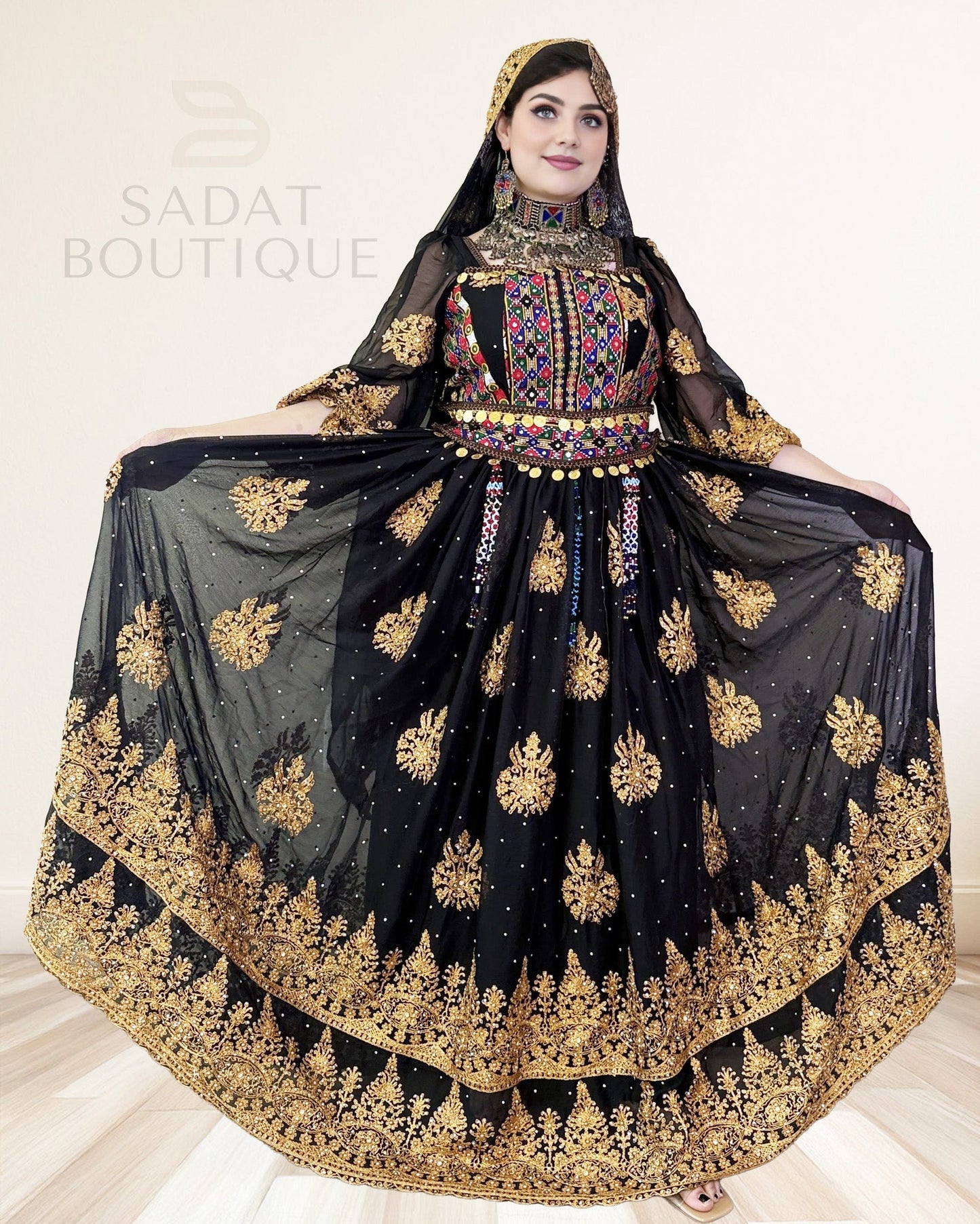 Black & Gold Afghan Traditional Dress Sadat Boutique