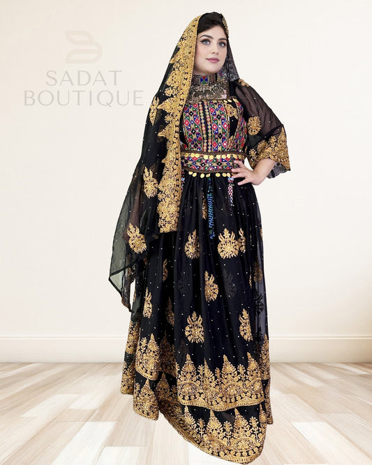 Black & Gold Afghan Traditional Dress Sadat Boutique