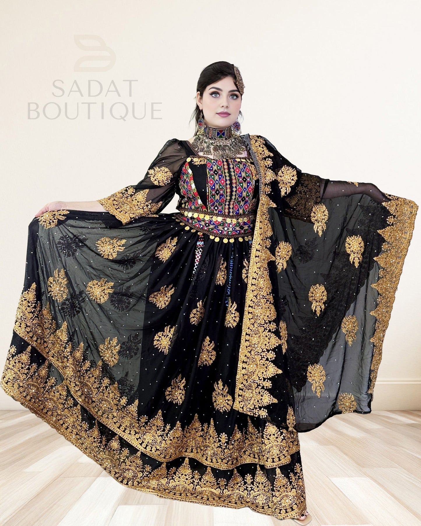 Black & Gold Afghan Traditional Dress Sadat Boutique