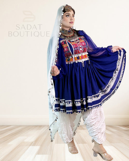 Royal Blue Kuchi Embroidered Kurti with Patiala Salwar & Mirrorwork Dupatta – 3-Piece Sadat Boutique