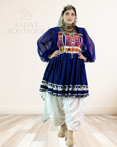 Royal Blue Kuchi Embroidered Kurti with Patiala Salwar & Mirrorwork Dupatta – 3-Piece Sadat Boutique