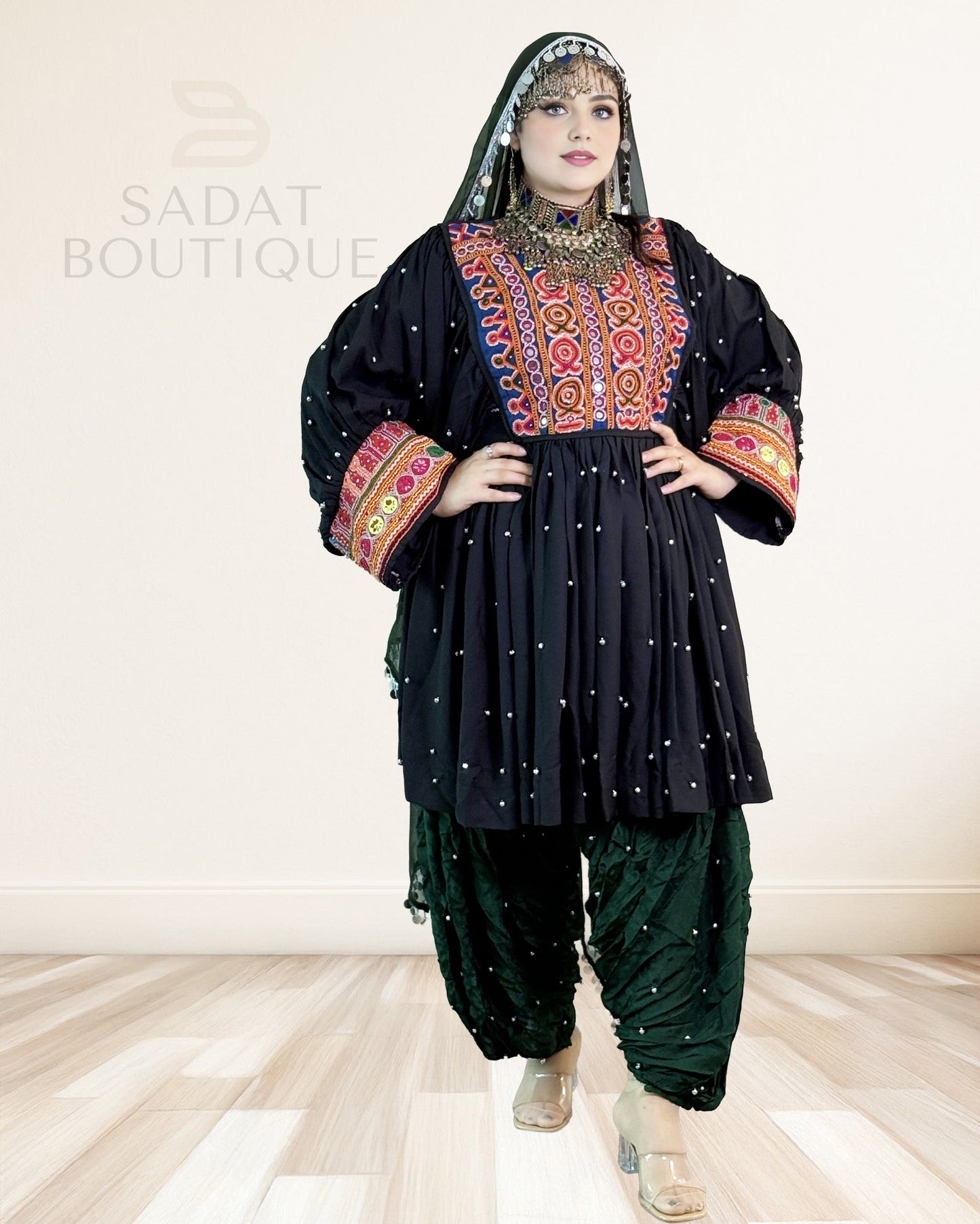 Black Afghan Embroidered Kurti Set with Patiala Salwar – Mirrorwork 3-Piece Sadat Boutique