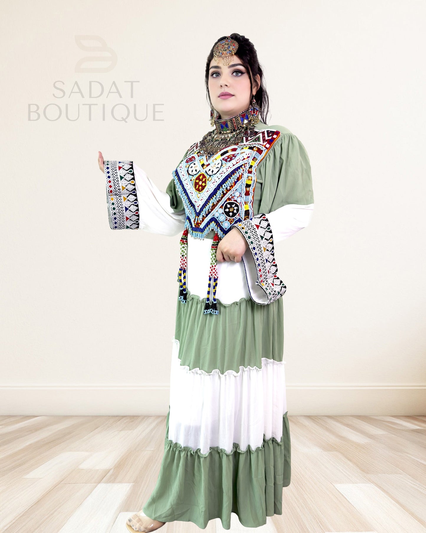 Hand-Embellished Afghan Dress Sage & White Maxi Sadat Boutique