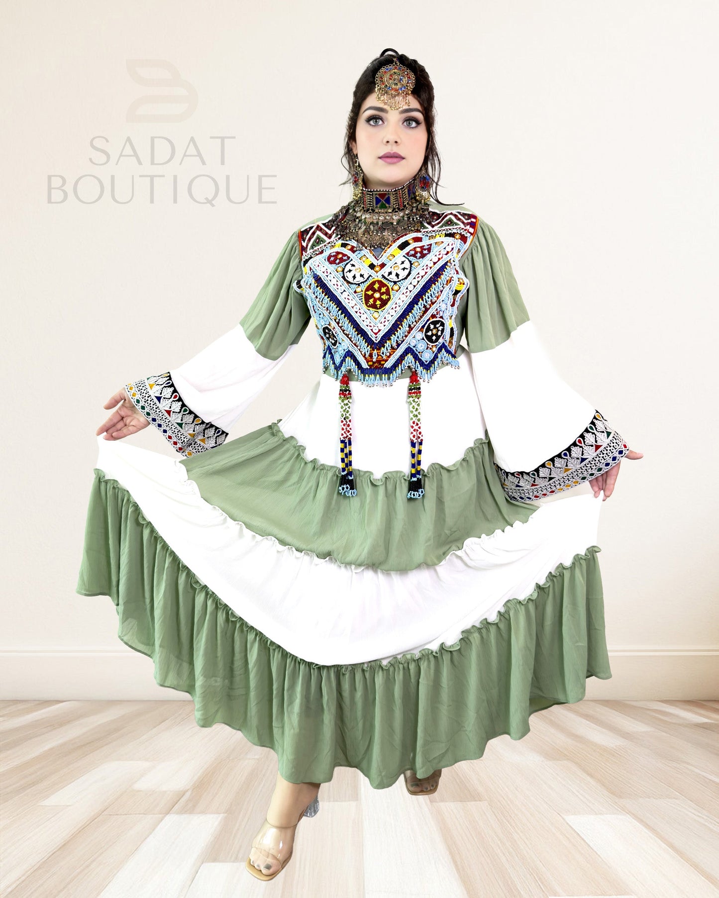 Hand-Embellished Afghan Dress Sage & White Maxi Sadat Boutique