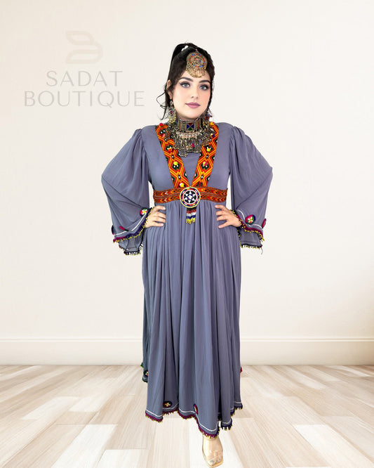 Slate Grey Afghan Beaded Maxi Butterfly Sleeve Sadat Boutique