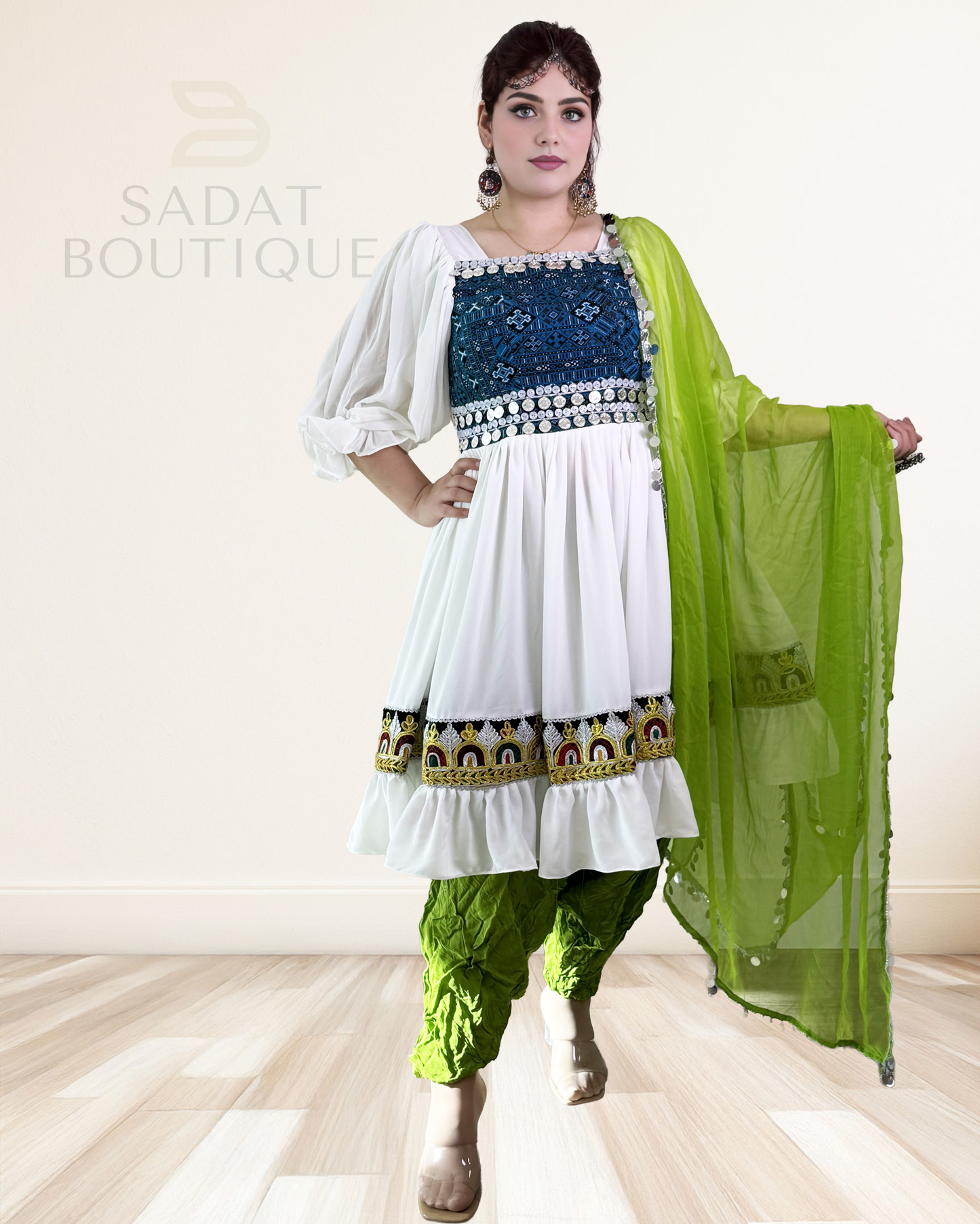 White & Green Traditional Afghan Dress – Timeless Grace by Sadat Boutique Sadat Boutique