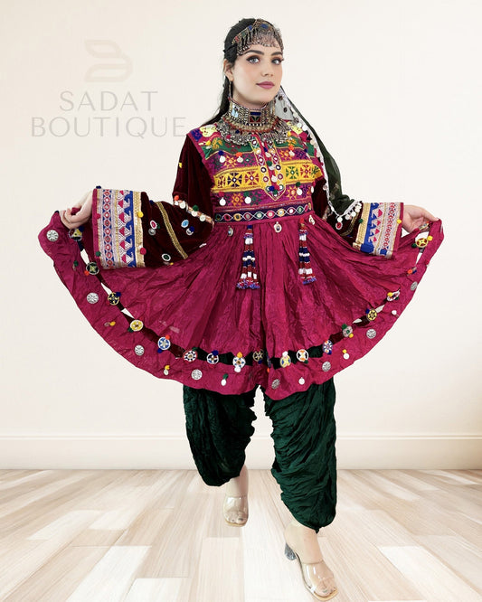 Deep Wine Kuchi Embroidered Kurti with Patiala Salwar & Mirror-Coin Dupatta – 3-Piece Sadat Boutique