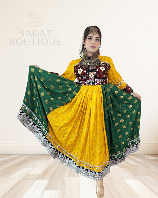 Yellow & Emerald Afghan Mirrorwork Maxi Sadat Boutique