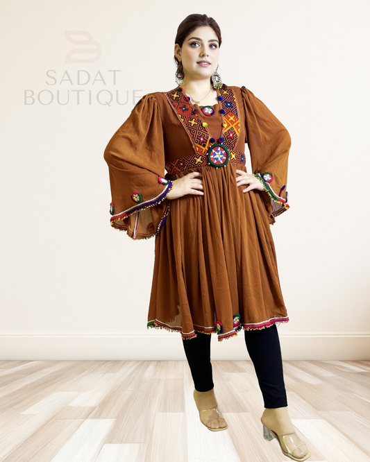 Afghan Traditional Dress – Earthy Brown with Hand Embroidery | Sadat Boutique Sadat Boutique
