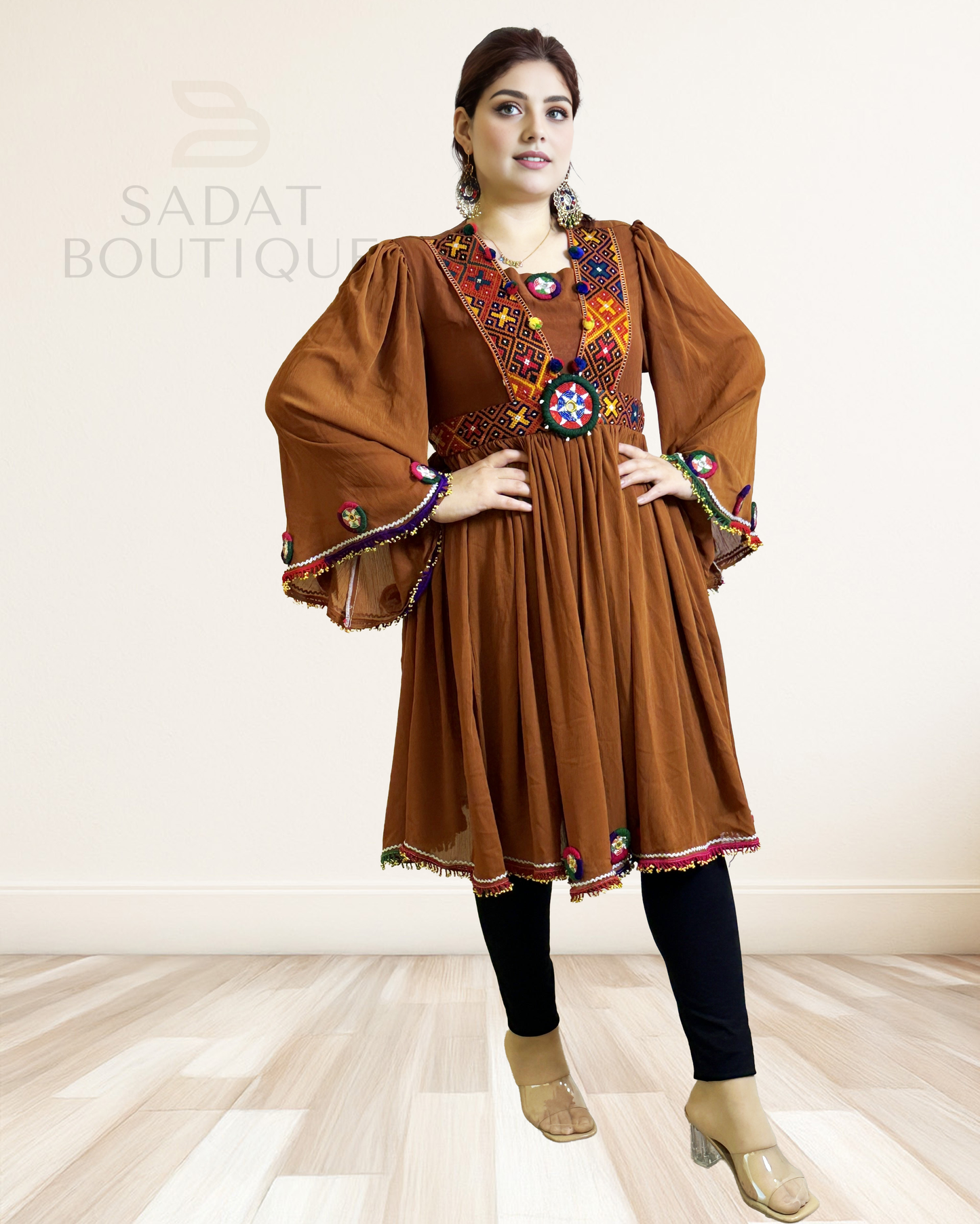 Afghan Traditional Dress – Earthy Brown with Hand Embroidery | Sadat Boutique Sadat Boutique