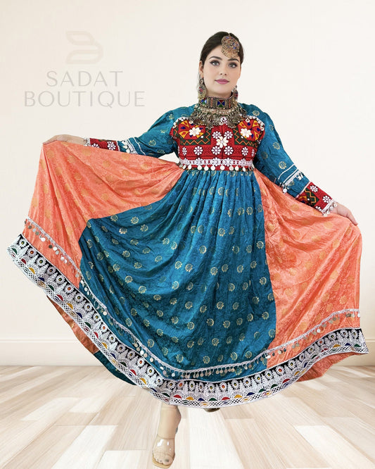 Teal & Coral Afghan Mirrorwork Maxi Sadat Boutique