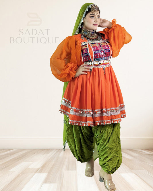 Orange Kuchi Embroidered Kurti with Patiala Salwar & Mirrorwork Dupatta – 3-Piece Sadat Boutique