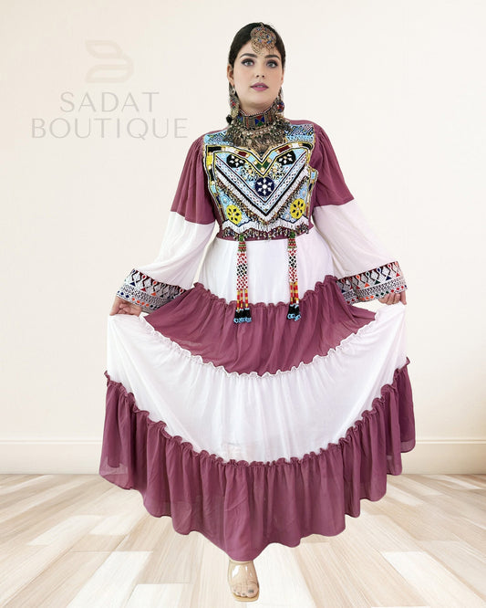 Mauve & White Afghan Beaded Tiered Maxi Sadat Boutique
