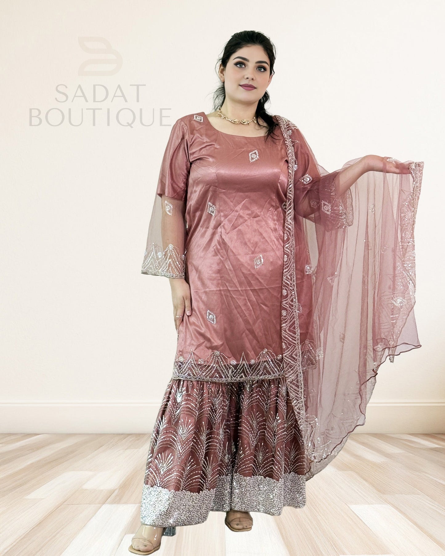 Rose Mauve Embroidered Sharara Suit – 3-Piece Set Sadat Boutique