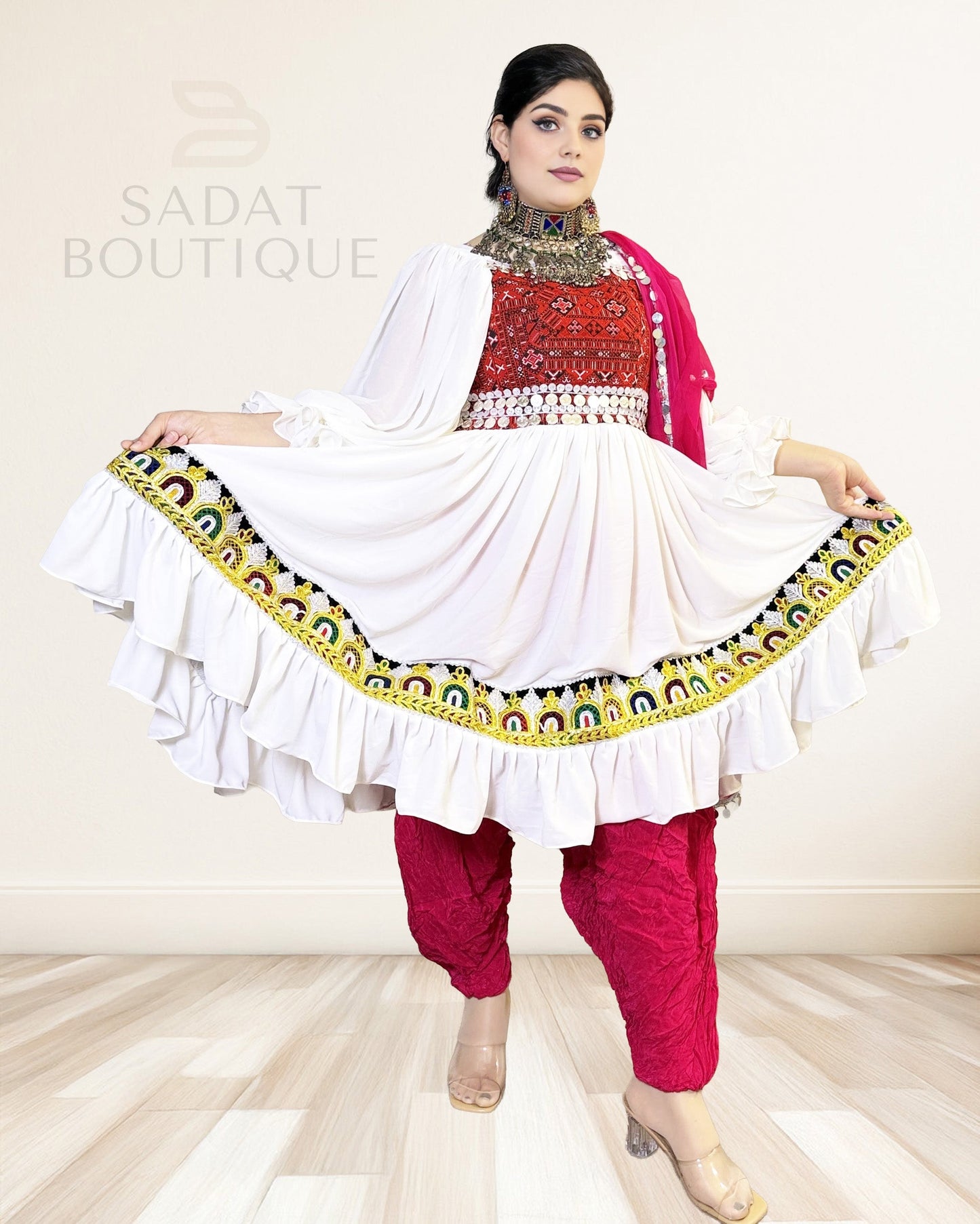 Ivory–Crimson Afghan Kuchi Set Sadat Boutique