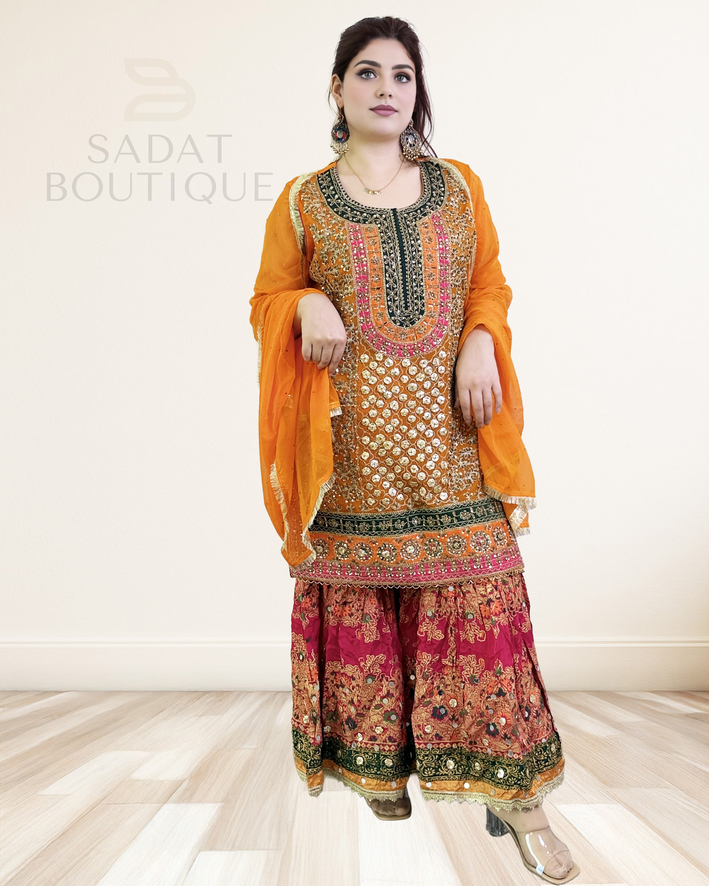 Luxury Dress – Golden Orange with Embroidered Sharara | Sadat Boutique Sadat Boutique
