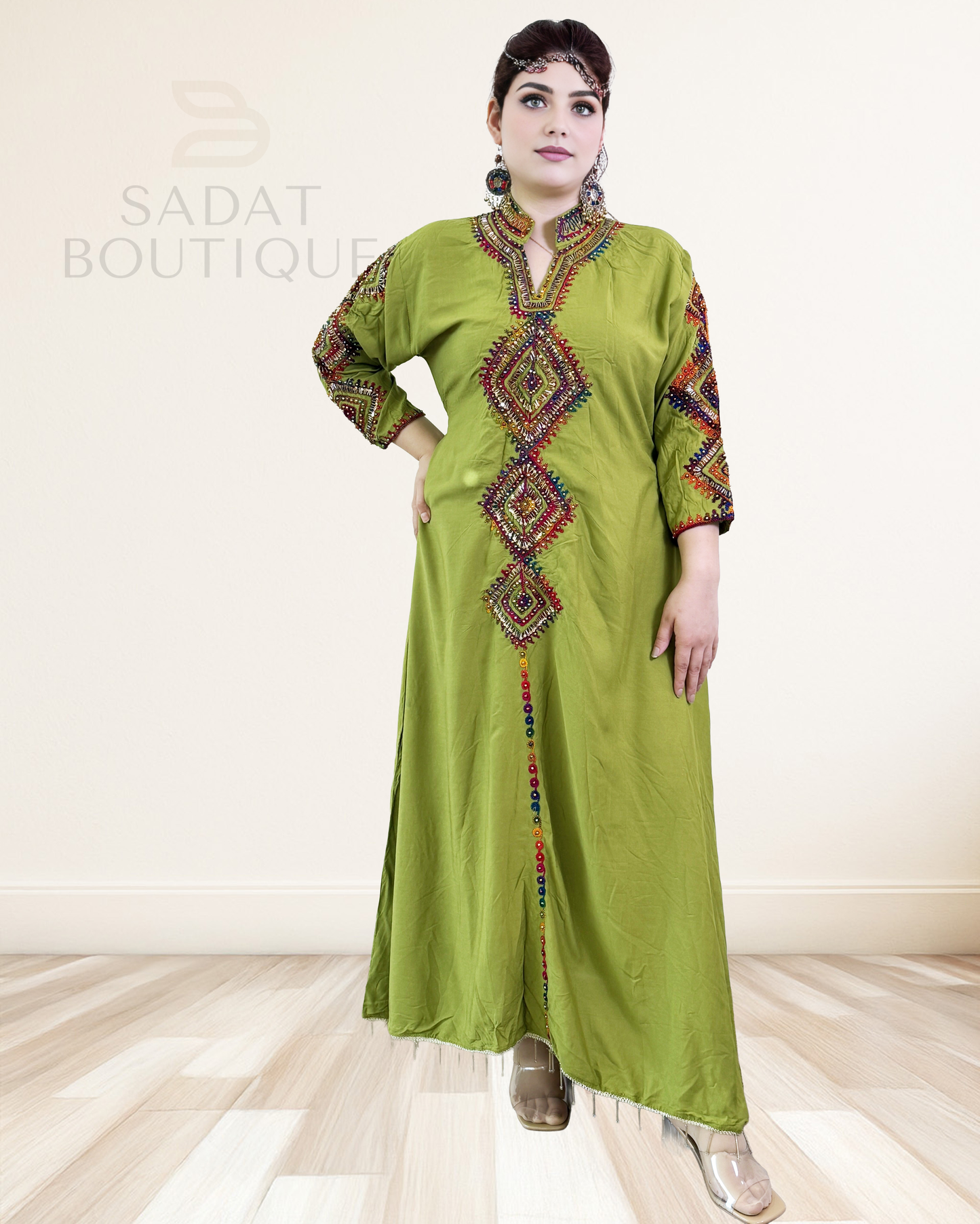 Traditional Dress – Olive Green with Geometric Embroidery | Sadat Boutique Sadat Boutique