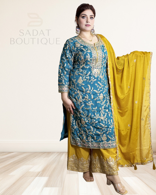 Traditional Dress – Teal Blue & Mustard with Gold Embroidery | Sadat Boutique Sadat Boutique