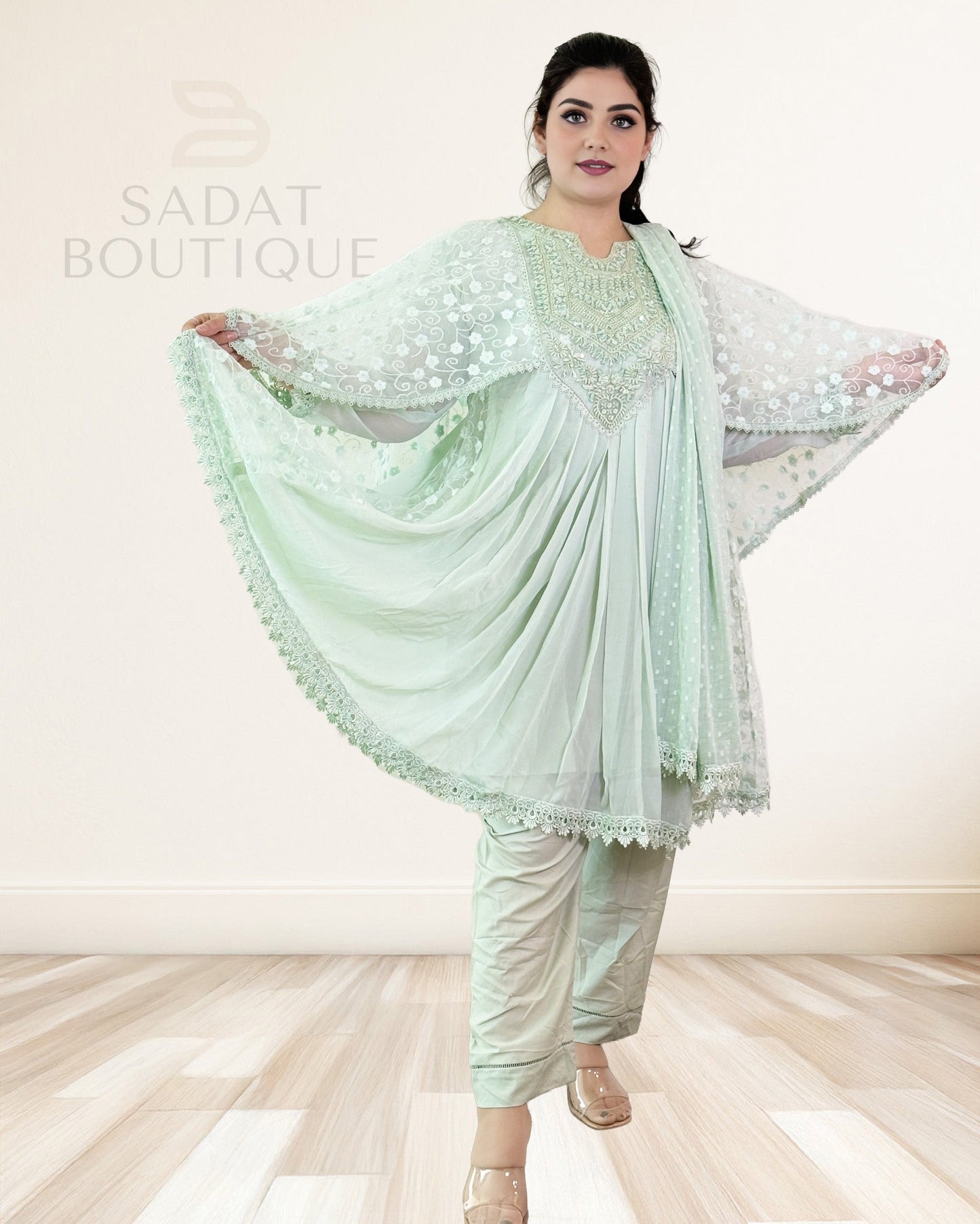 Mint Sage Embroidered Cape Kurti Set – 3-Piece Sadat Boutique