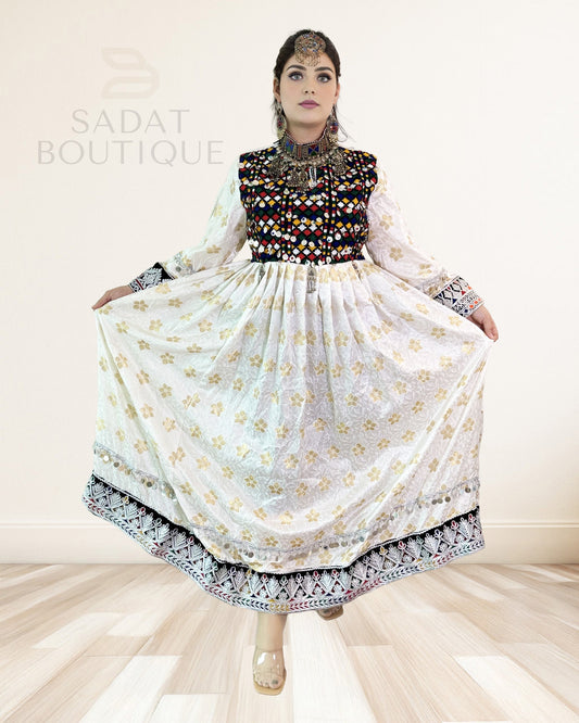 Ivory & Gold Afghan Mirrorwork Maxi Sadat Boutique
