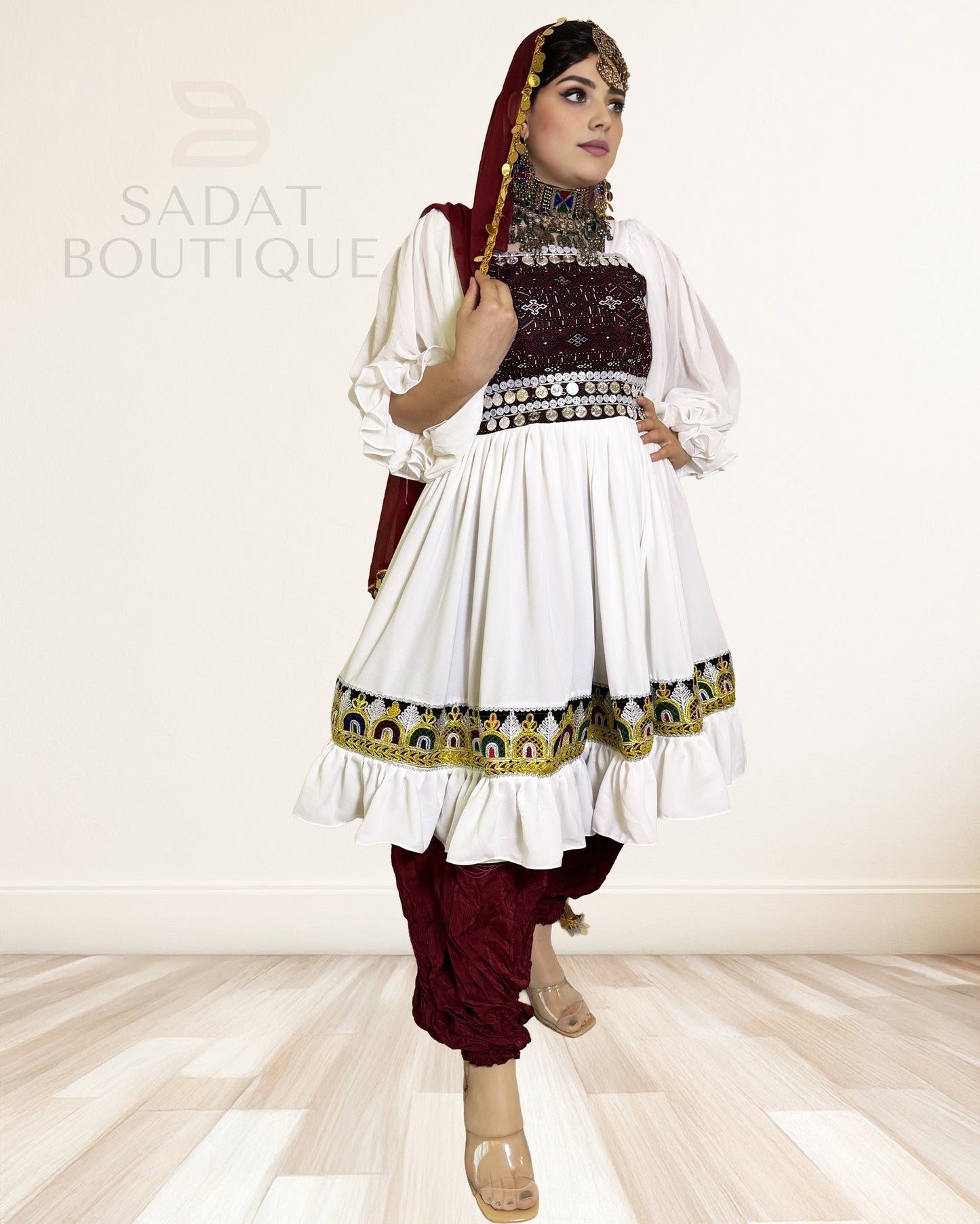 Ivory–Wine Afghan Kuchi Set Sadat Boutique