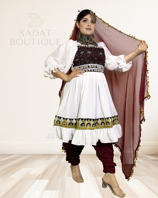 Ivory–Wine Afghan Kuchi Set Sadat Boutique
