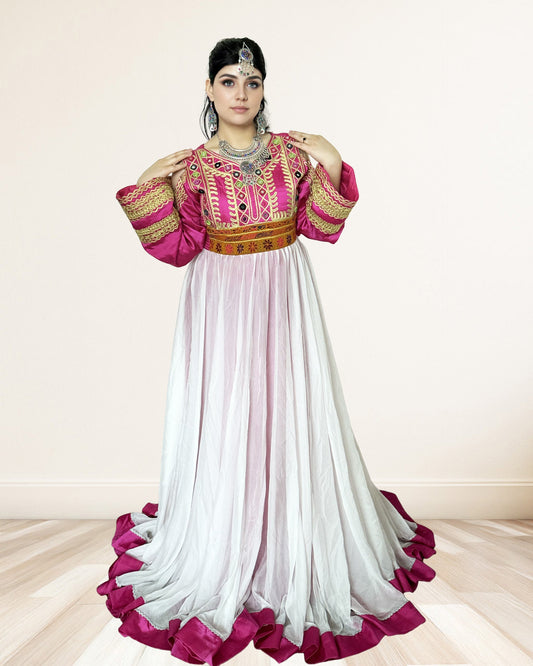 Pink & White Cold-Shoulder Afghan Gown – Modern Elegance Meets Tradition Sadat Boutique