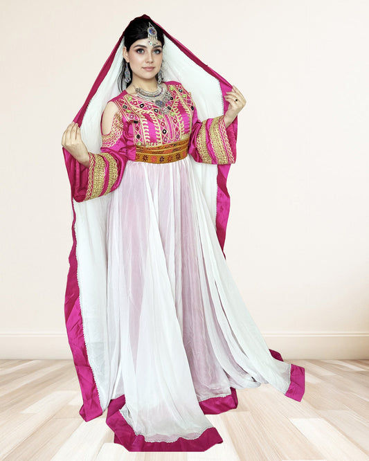 Pink & White Cold-Shoulder Afghan Gown – Modern Elegance Meets Tradition Sadat Boutique