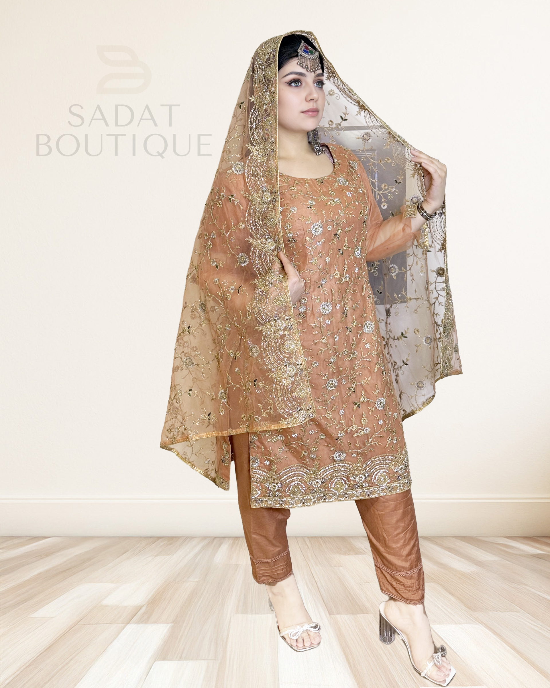 Embellished Copper Net Dress Sadat Boutique