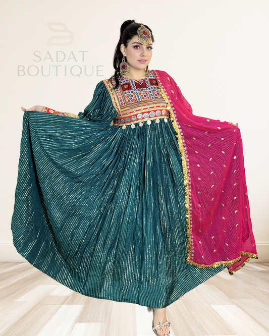 Sitara Teal Brocade Afghan Dress Sadat Boutique