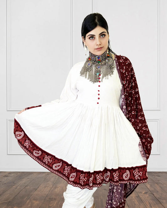 Traditional Frock Dress with Maroon Ajrak Dupatta Sadat Boutique