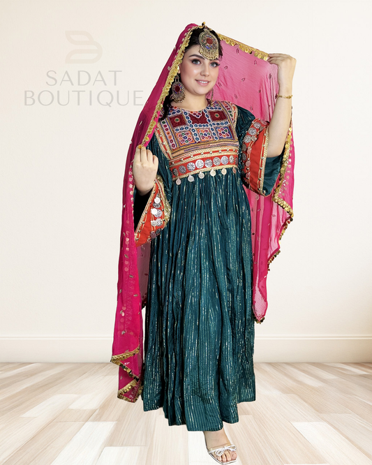 Sitara Teal Brocade Afghan Dress Sadat Boutique