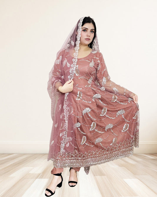 Embroidered Anarkali Dress With Silver Sequin Elegance Sadat Boutique