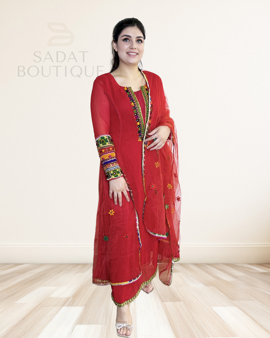 Classic Red Afghan Dress – Vibrant Hand-Embroidered Elegance Sadat Boutique