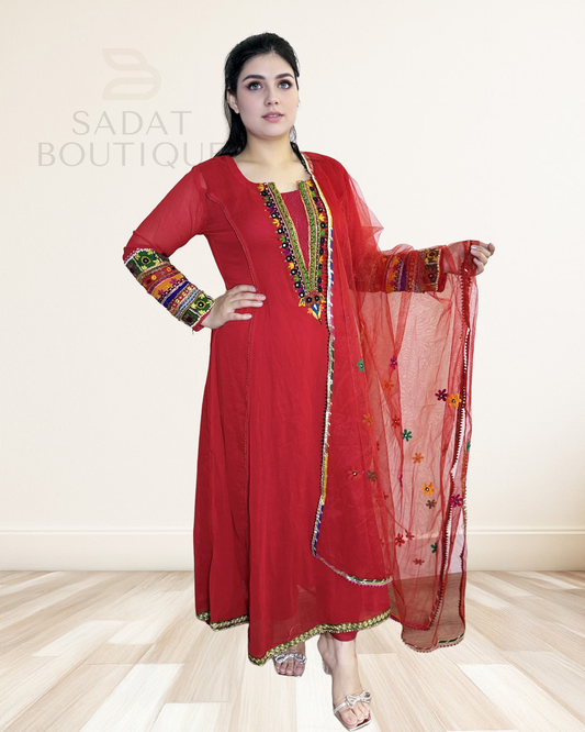 Classic Red Afghan Dress – Vibrant Hand-Embroidered Elegance Sadat Boutique