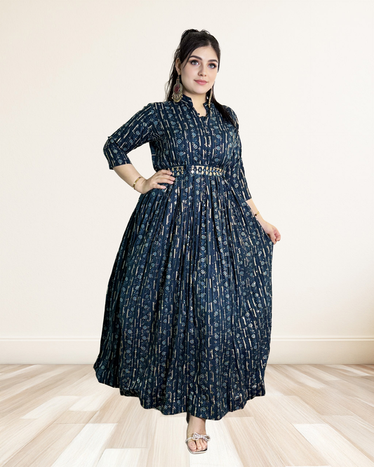 Navy Blue Indian Dress with Gold Foil Print Sadat Boutique