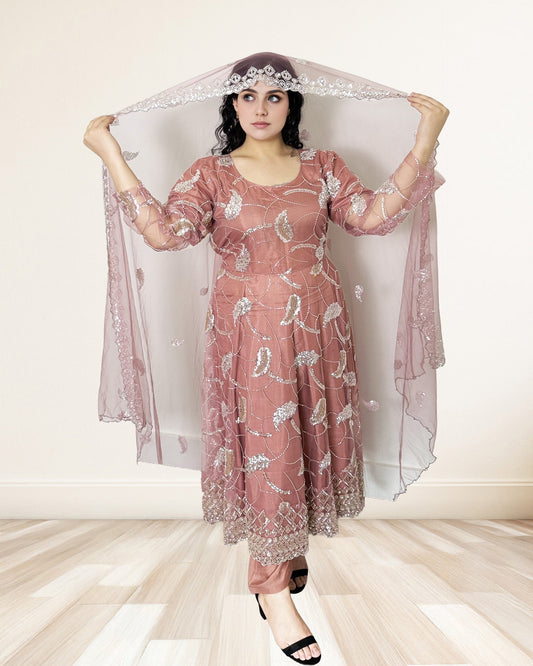 Embroidered Anarkali Dress With Silver Sequin Elegance Sadat Boutique