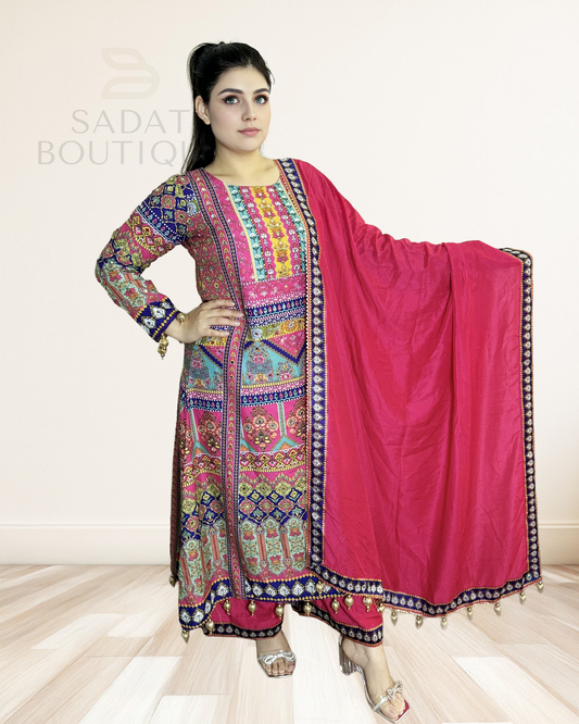 Royal Mosaic Afghan Dress – Vibrant Embroidery on Fuchsia Base Sadat Boutique