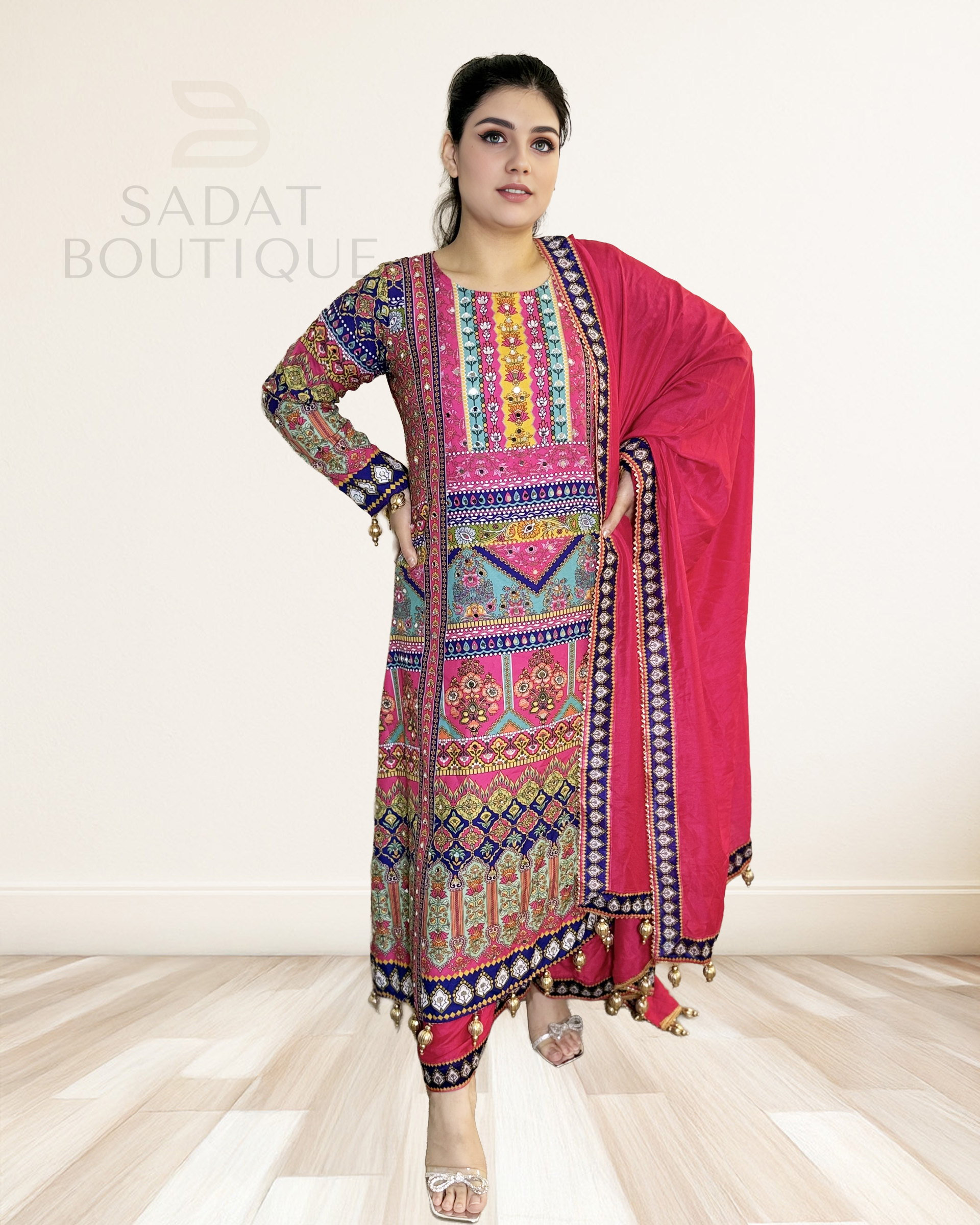 Royal Mosaic Afghan Dress – Vibrant Embroidery on Fuchsia Base Sadat Boutique