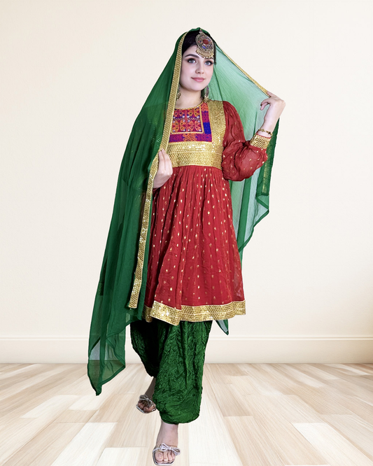 Red and Green Patiala Suit with Gold Gota Work Sadat Boutique