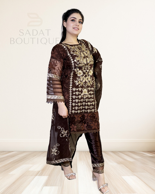 Deep Chocolate Embroidered Velvet Suit – Regal Elegance in Every Stitch Description: Sadat Boutique